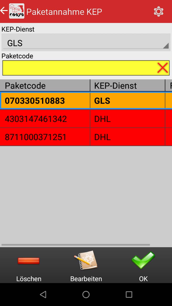 Wareneingang Auswahl Android Software von COSYS