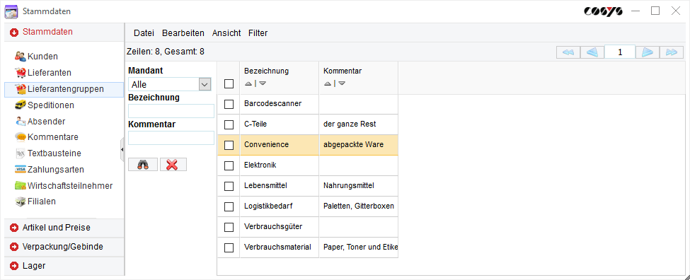 Dati anagrafici Lieferantengruppen